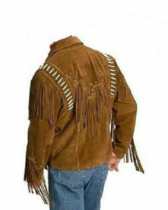 Men Brown Cowboy Style Suede Leather Jacket Fringe & Shoulder Beads Work