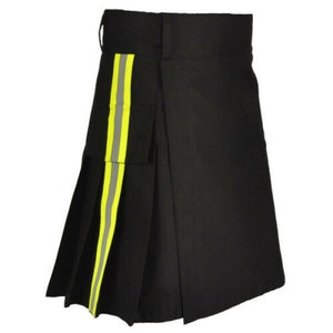 Scottish Mens Black Fireman Kilt Utility Firefighter With Green Reflective Tape Kilt