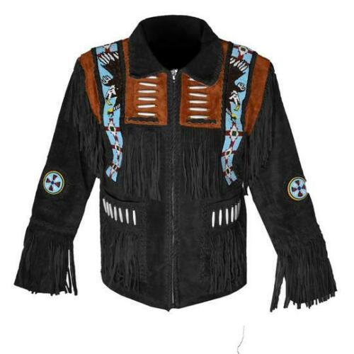 Men Suede Western Style Cowboy Leather Jacket With Fringed & Eagle Bead Work