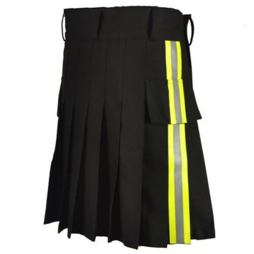 Scottish Mens Black Fireman Kilt Utility Firefighter With Green Reflective Tape Kilt