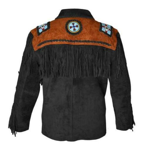 Men Suede Western Style Cowboy Leather Jacket With Fringed & Eagle Bead Work