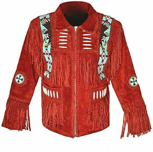 Men Suede Western Cowboy Leather Jacket With Fringe & Beaded - Red