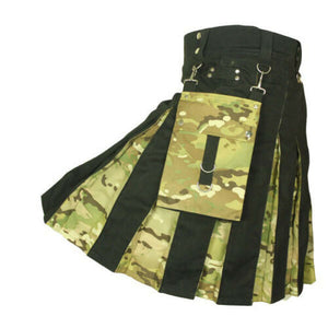 Men's Scottish Tactical Kilt Black With Camo Pleat Kilts For Men