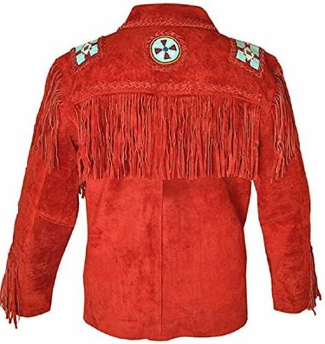Men Suede Western Cowboy Leather Jacket With Fringe & Beaded - Red