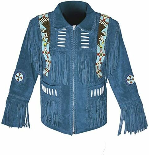 Men Suede Western Cowboy Leather Jacket With Fringe & Beaded - Blue