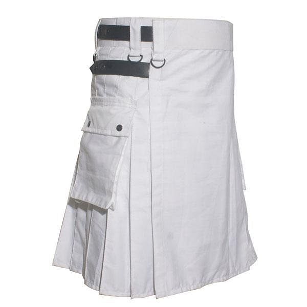 Scottish Men Utility Kilt White Utility Kilt Leather Straps Fashion Active Sport