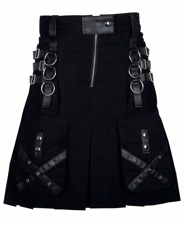 Utility Black Cotton Gothic Kilt Cargo Pockets Modern Gothic Fashion Kilt