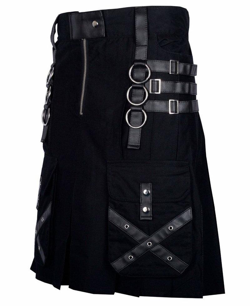 Utility Black Cotton Gothic Kilt Cargo Pockets Modern Gothic Fashion Kilt