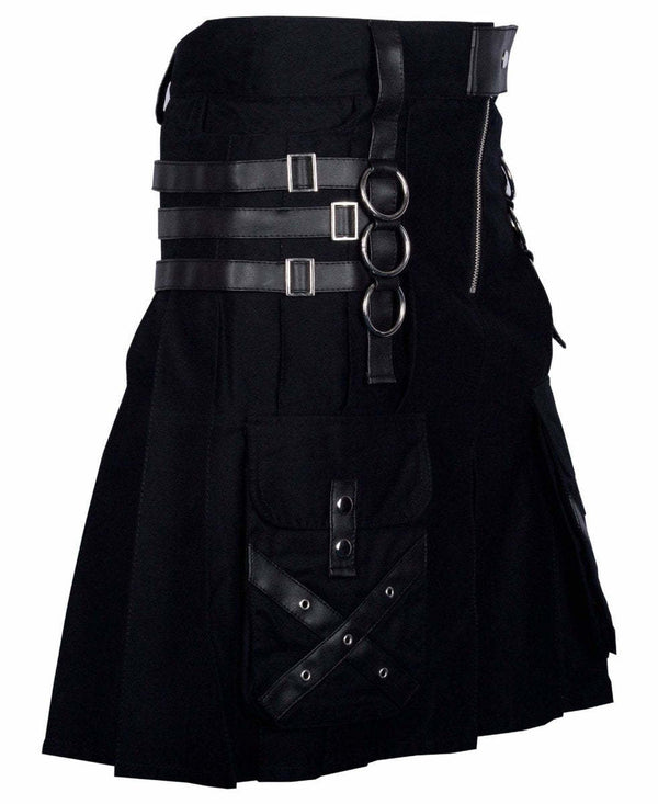 Utility Black Cotton Gothic Kilt Cargo Pockets Modern Gothic Fashion Kilt