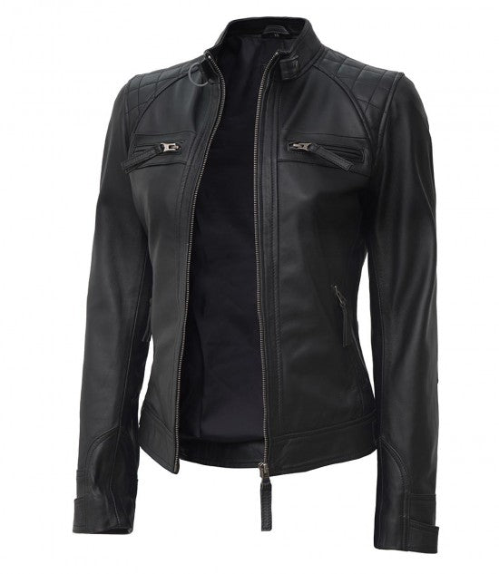 Women Black Quilted Motorcycle Leather Jacket - Fashions Garb